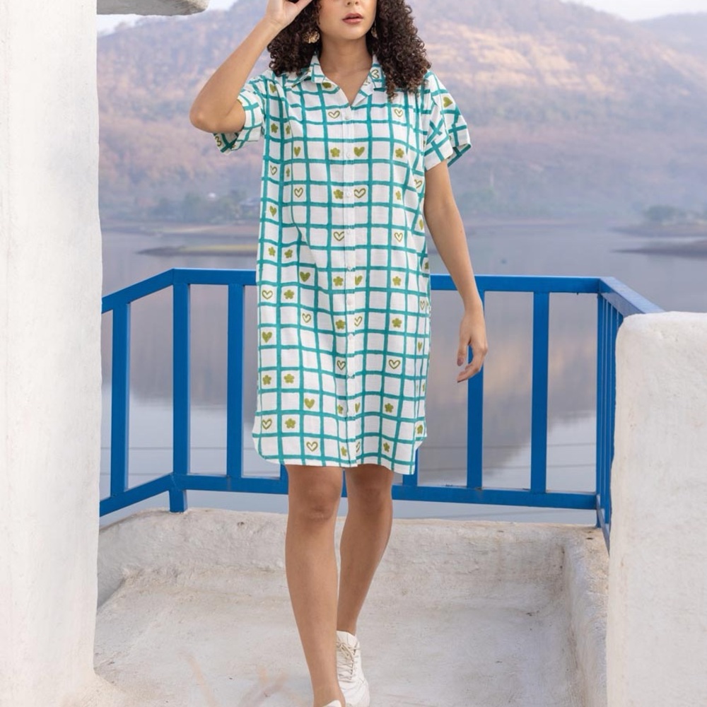 Pinklay Matilda Hand Block Printed Dress, Button Up, Sz Small, Viscose